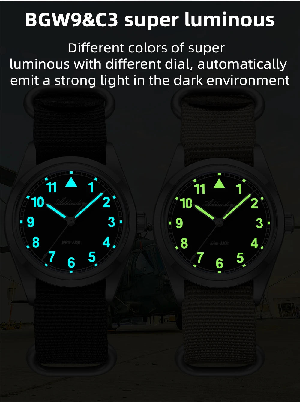 ADDIESDIVE 36mm Men's Analog Watch Bubble Mirror Glass 100m Waterproof Luminous Watch Simple men Quartz Watches with Nylon Strap