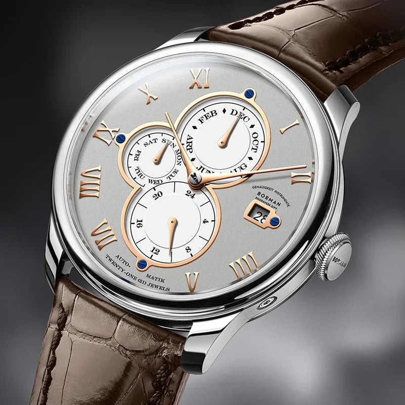 Luxury Brand BORMAN Automatic Mechanical Men's Watches Sapphire 50M Waterproof Multi-function Dial Retro Leather Clocks BM18011