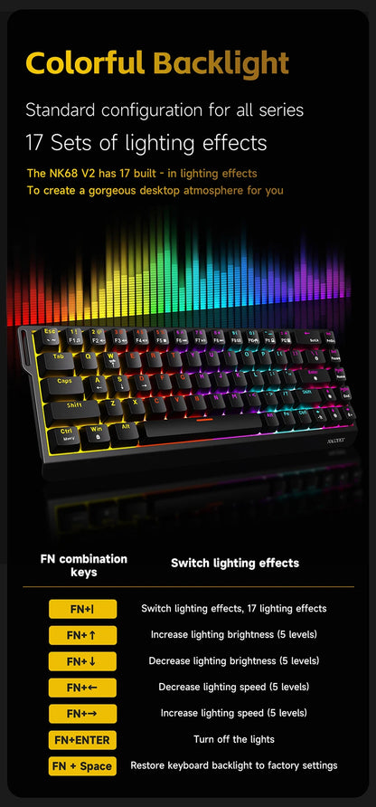 AJAZZ NK68 V2 Wired Mechanical Keyboard Plug and Play 65% Layout Design Sleeve Hot 68-Key Keyboard Colorful Backlight for PC
