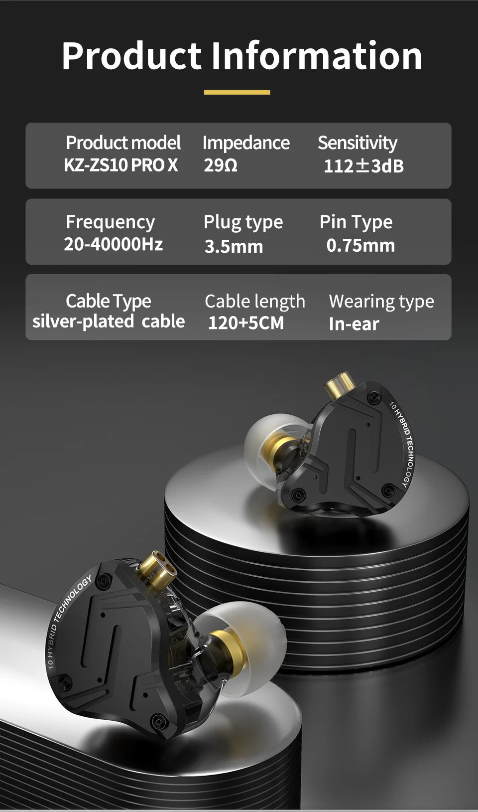 Auscultadores In-Ear com Fio KZ ZS10 Pro X, HiFi, Graves de Monitorização, Cabo Amovível e Microfone