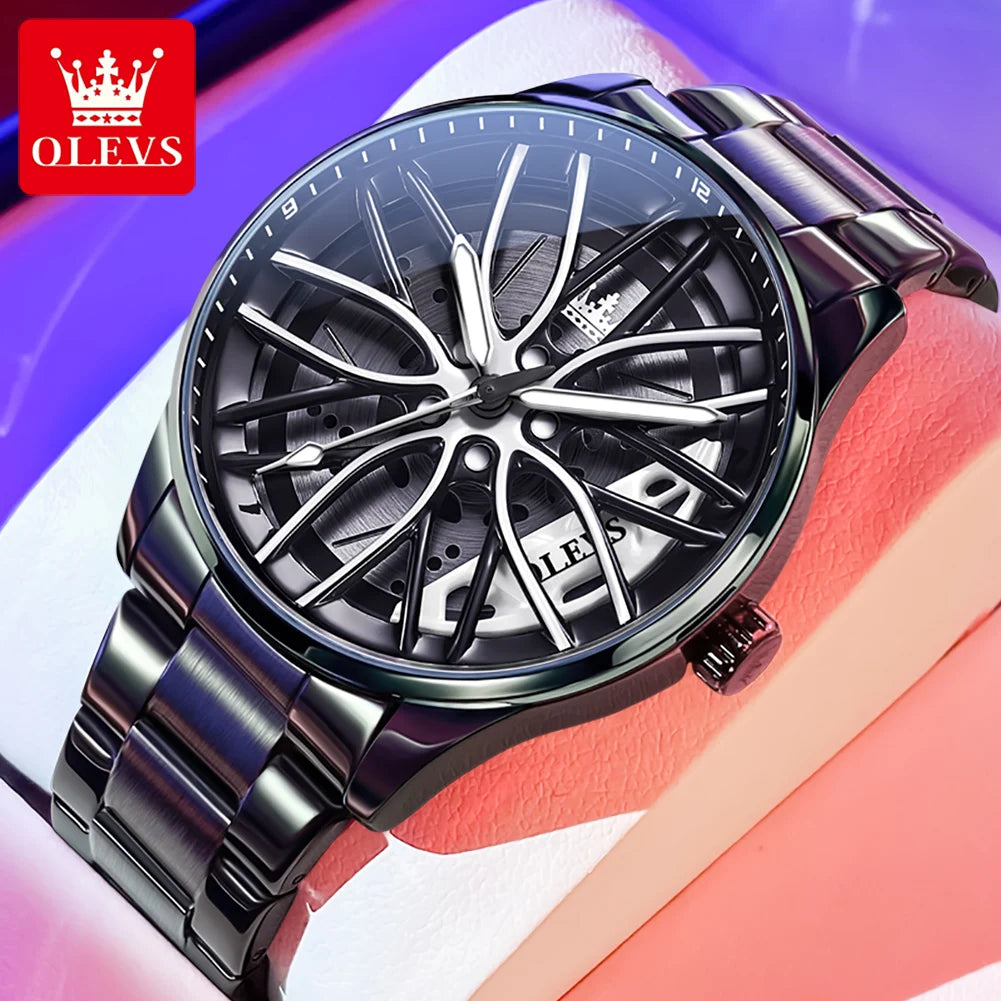 OLEVS 9937 Mens Watch Original Rotatable Wheel Hub Dial Fashion Trend Quartz Watch Waterproof Luminous Stainless Steel Reloj