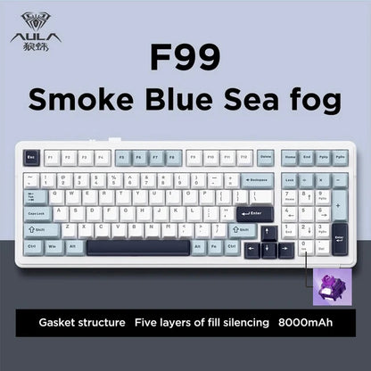 Teclado mecánico gaming Aula F99 de 99 teclas, tres modos: 2.4g inalámbrico, Bluetooth y cableado, hot swap, PBT, gasket y RGB para juegos y escritura