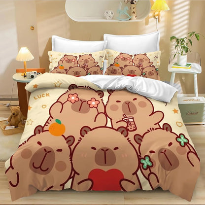 Conjunto de Capa de Edredão e Fronha com 4 Capivaras em Desenho Animado, Roupa de Cama Capivara para Adulto, Rapaz e Rapariga, Decoração de Quarto Infantil, Tamanho Individual e Duplo