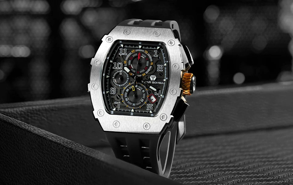 TSAR BOMBA Watch for Men Luxury Brand Tonneau Design Waterproof Clock Stainless Steel Wristwatch Fashion Rectangle Men's Watch