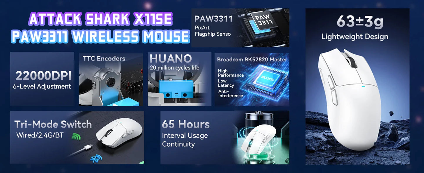 Mouse da gaming wireless ATTACK SHARK X11SE, tri-mode, ultraleggero 63g con sensore PAW3311, 22000 DPI, batteria 300mAh, doppio driver