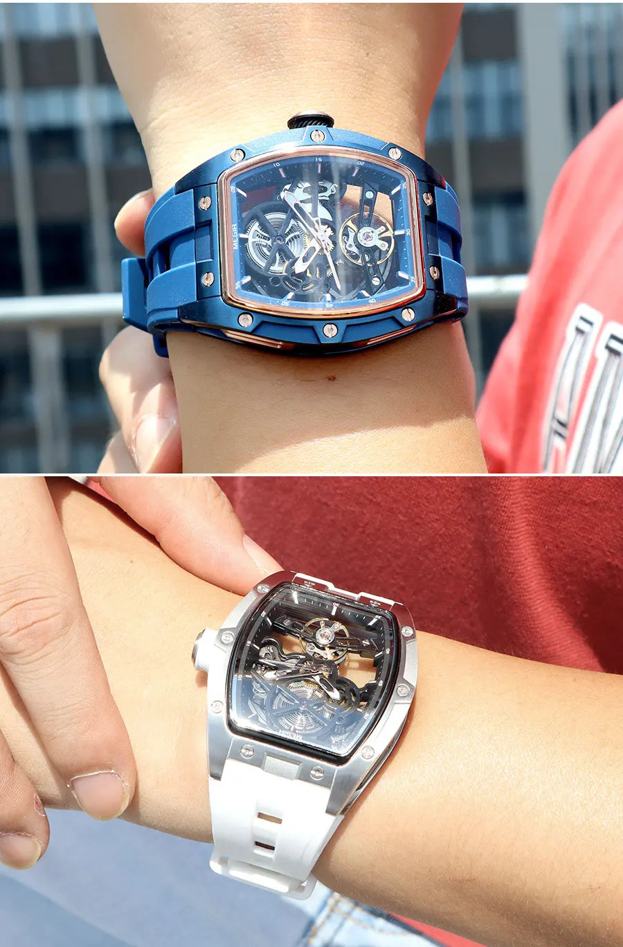 MEGIR 2242 Blue Automatic Watch for Men Sport Waterproof Stainless Steel Mechanical Wristwatch with Silicone Strap Skeleton Dial