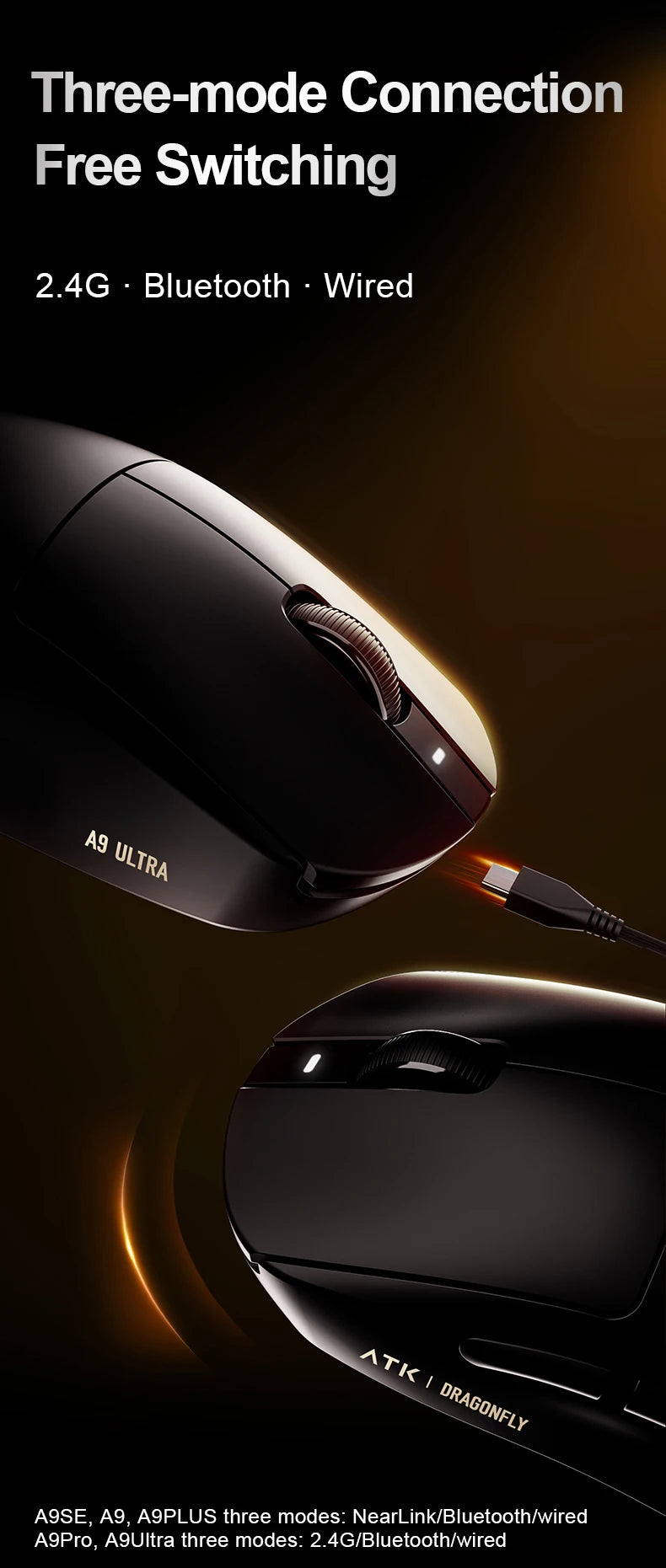 Ratón gaming inalámbrico ATK Dragonfly A9 Ultra PAW3950, ultraligero, trimodo, ergonómico, para esports y jugadores FPS, A9 SE Plus