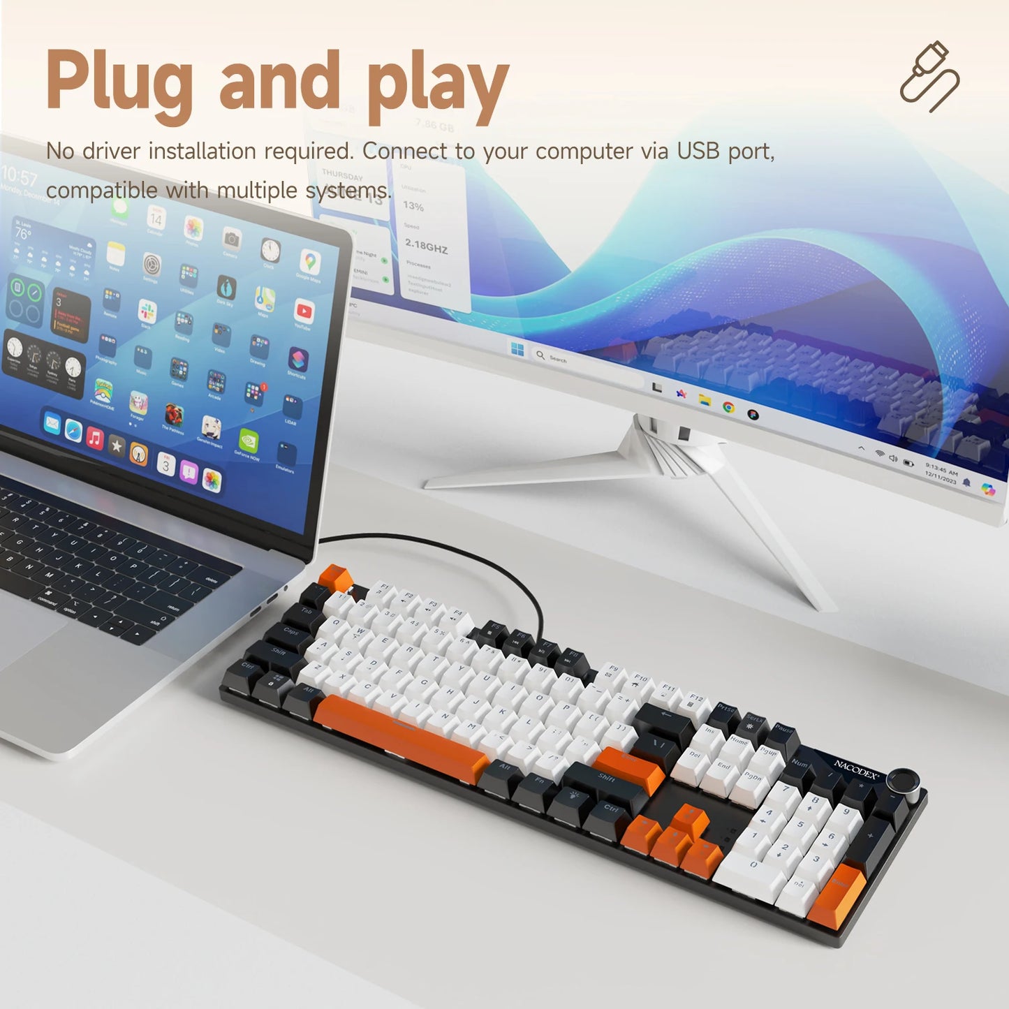 Teclado mecánico AJAZZ NK104 con cable, teclas de doble inyección, 104 teclas, hot-swapping y retroiluminación LED híbrida para gamers, compatible con laptop y PC