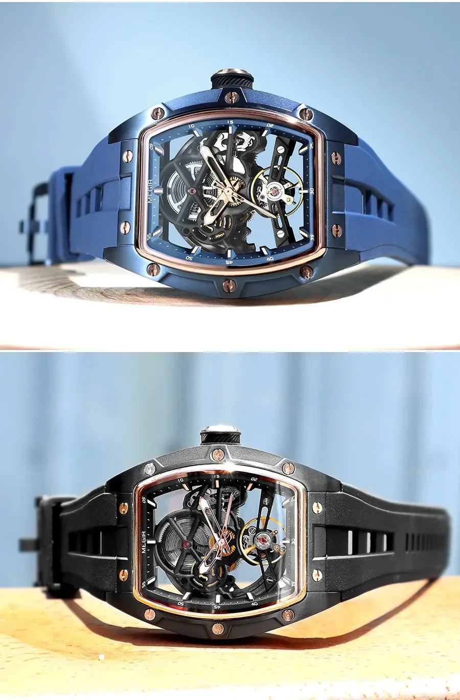 MEGIR Automatic Wristwatch Men Fashion Black Silicone Strap Wateproof Luminous Sport Mechanical Watch with Tonneau Dial 2242