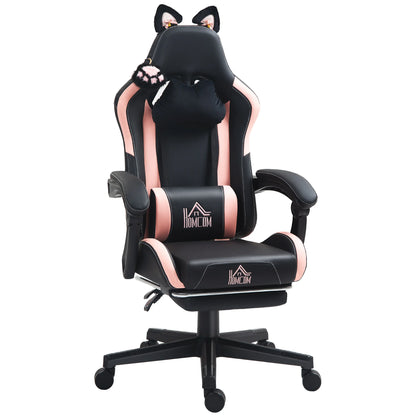 Gaming chair with cat ears, tiltable backrest, retractable footrest, maximum load capacity 120kg, gaming chair, office chair,