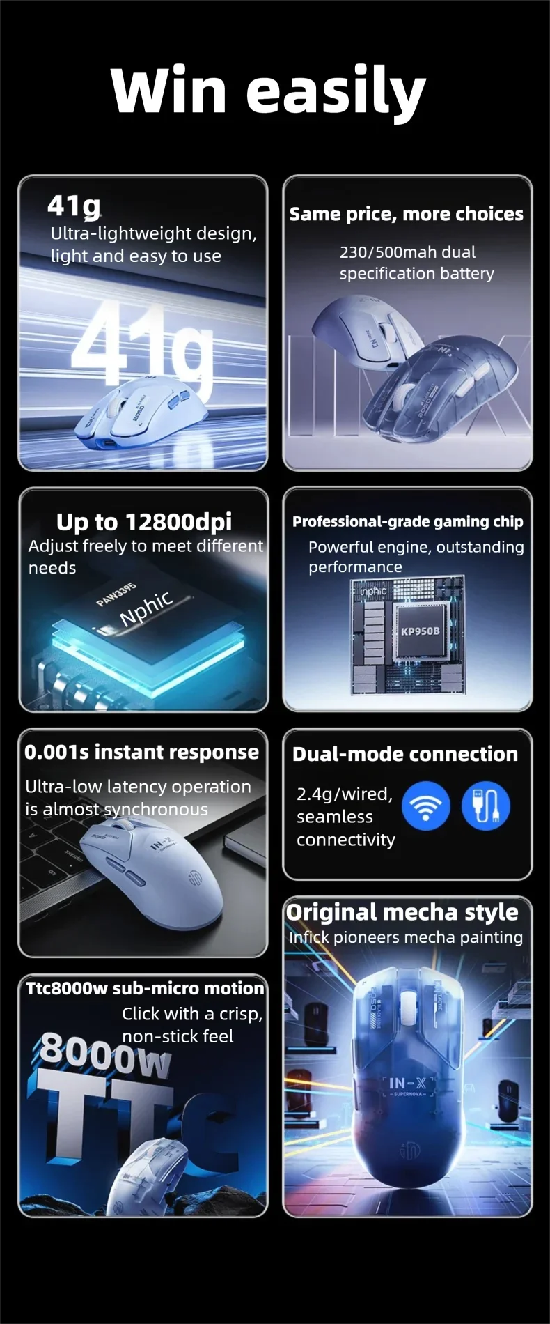 INPHIC INX SE Lightweight Wireless Gaming Mouse 12800DPI Flagship Touch 1000HZ Wireless Mouse Suitable for Desktop Laptops