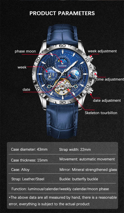 Relógio Masculino GLENAW Design, Marca de Topo, Luxo, Moda e Negócios, Automático, Impermeável, Relógio Mecânico para Homem