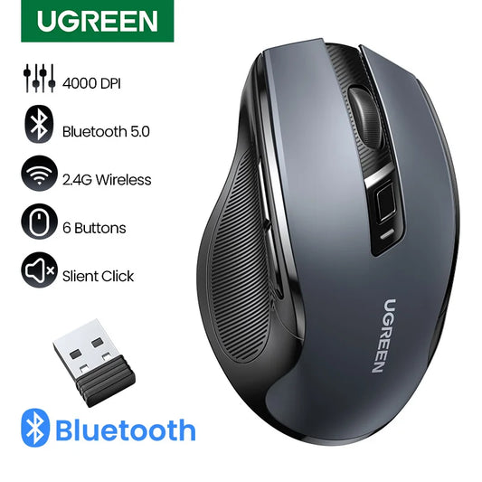 UGREEN vezeték nélküli egér Bluetooth 5.0-val, ergonomikus 4000DPI, 6 halk gombbal, MacBookhoz, tablethez, laptophoz, számítógéphez és PC-hez, 2.4G egér