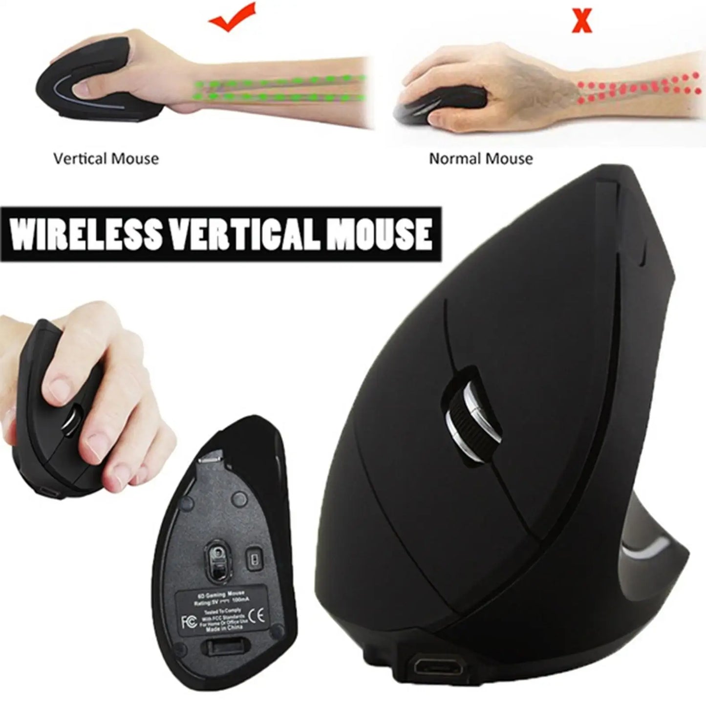 Rato gaming vertical sem fios 2.4G ergonómico 1600DPI para PC, portátil e escritório — mini rato gaming