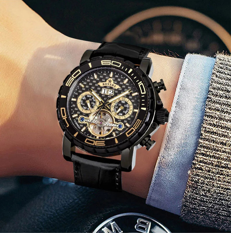 BOYZHE Brand Luxury Tourbillon Mechanical Watch Men Sports Leather Strap Waterproof Classic Date Week Automatic Sapphire Watches