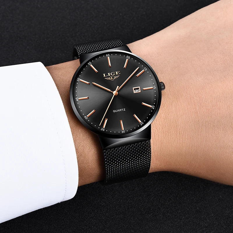 Męski zegarek LIGE, elegancki i luksusowy model, ultracienki, wodoodporny, z bransoletą siatkową, mechanizmem kwarcowym, wyświetlaczem daty i kalendarzem – idealny do profesjonalnego stylu.