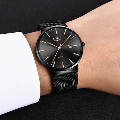 Męski zegarek LIGE, elegancki i luksusowy model, ultracienki, wodoodporny, z bransoletą siatkową, mechanizmem kwarcowym, wyświetlaczem daty i kalendarzem – idealny do profesjonalnego stylu.