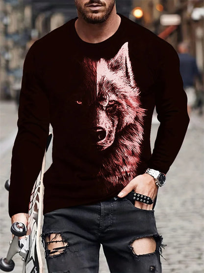 T-shirt de manga comprida para homem com novo estampado de lobo 2024, camisa casual diária de primavera e outono, moda streetwear masculina