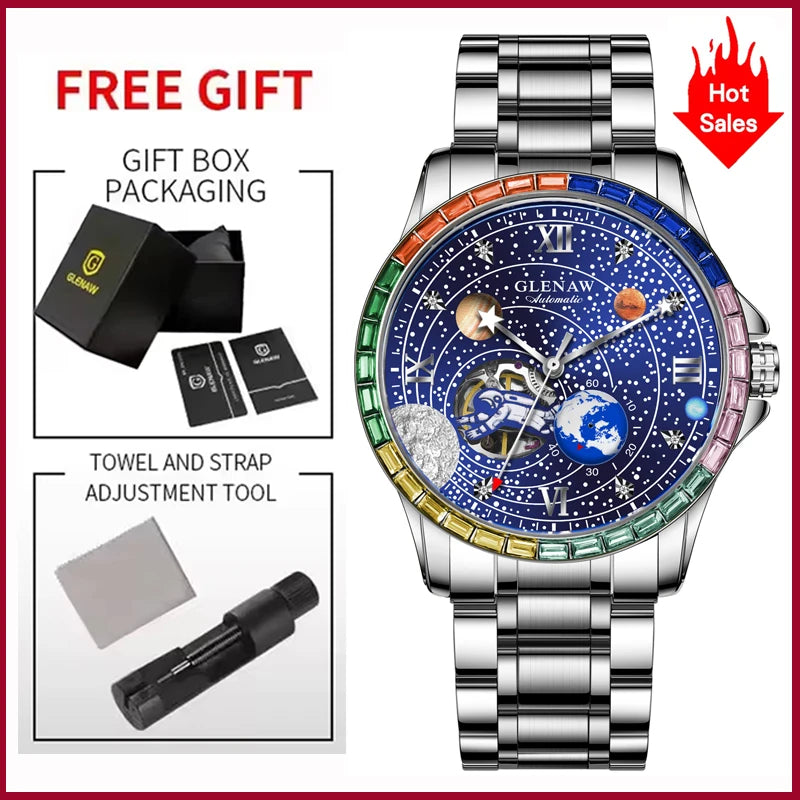 GLENAW New Rotating Earth Mechanical Watch Men Space astronaut dial Night Light Waterproof Stainless Steel Strap Automatic Watch