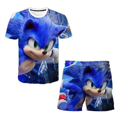 Fashion 3D Anime Children's T-shirt Set Sonic The Hedgehog Top Short Sleeve + Shorts Two-piece Set Girls Boys Cosplay Costume