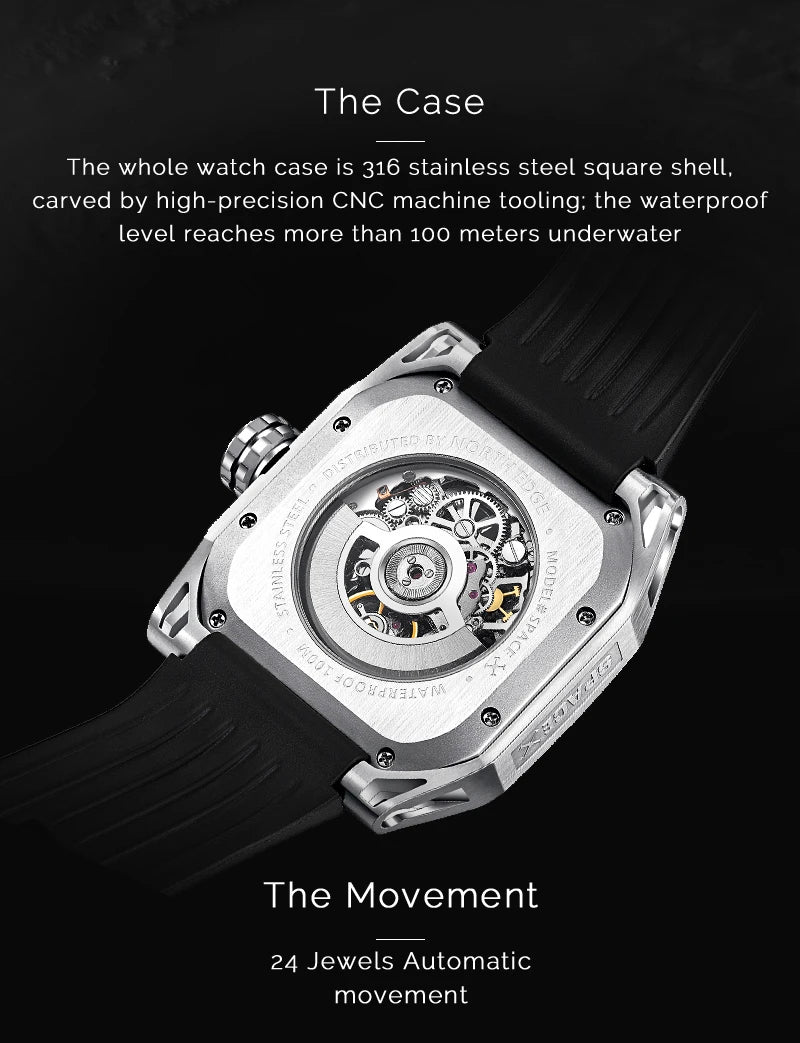 NORTH EDGE Men's Mechanical Watches Stainless Steel Skeleton Automatic Watch For Men Waterproof 100M Seagull's Movement Space X