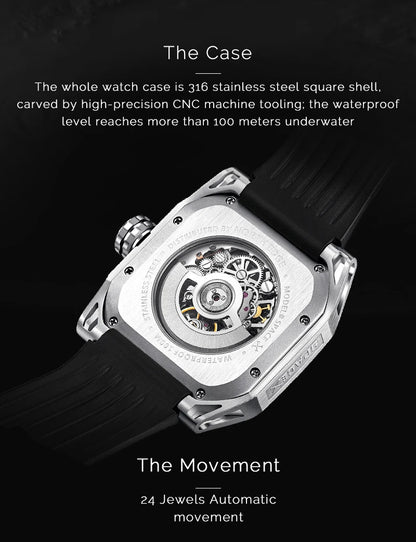 NORTH EDGE Men's Mechanical Watches Stainless Steel Skeleton Automatic Watch For Men Waterproof 100M Seagull's Movement Space X