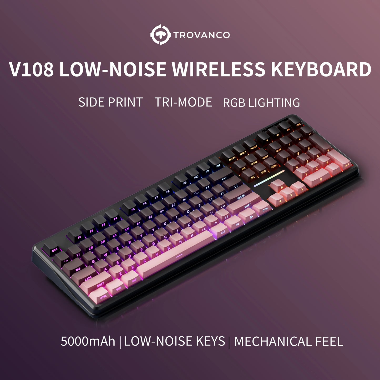 Tastiera Bluetooth V108 Pro Office a bassa rumorosità 2.4G cablata e wireless, layout completo con membrana retroilluminata RGB