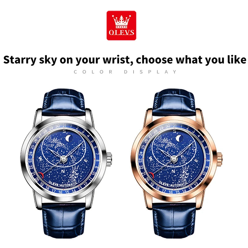 OLEVS 9923 Men's Watches Moon Phase Automatic Mechanical Watch for Man Blue Leather Luxury Dress Waterproof Luminous Wristwatch