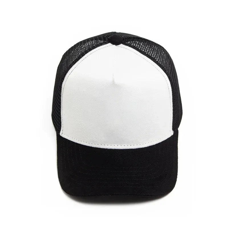 Boné trucker unissexo 2025 de 5 painéis em malha e camurça com logótipo personalizado, boné de basebol para homem, primavera/verão, respirável, desportivo, para mulher