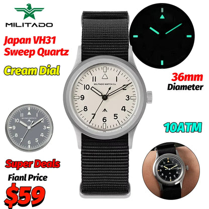 Militado ML14 Quartz Watch Cream Dial VH31/VH65 Sweep Movement Bubble K1/ Sapphire Luminous 36Mm Vintage Watches 100M Waterproof