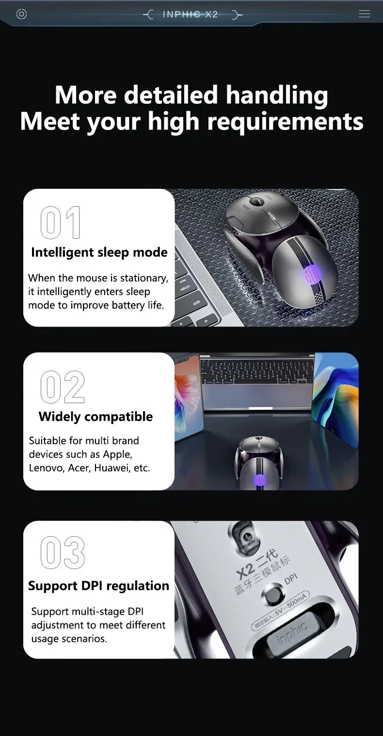 Inphic X2 Tri-Mode Metal Bluetooth Wireless Mouse Silent Rechargeable E-Sports Backlight Gaming PC Laptops Accessories Gift