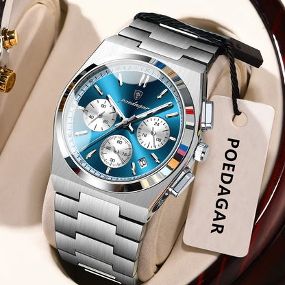 Pánské hodinky POEDAGAR – luxusní chronograf z nerezové oceli, s datem, vodotěsné a s luminiscenčními prvky – sportovní náramkové hodinky s quartzovým strojkem