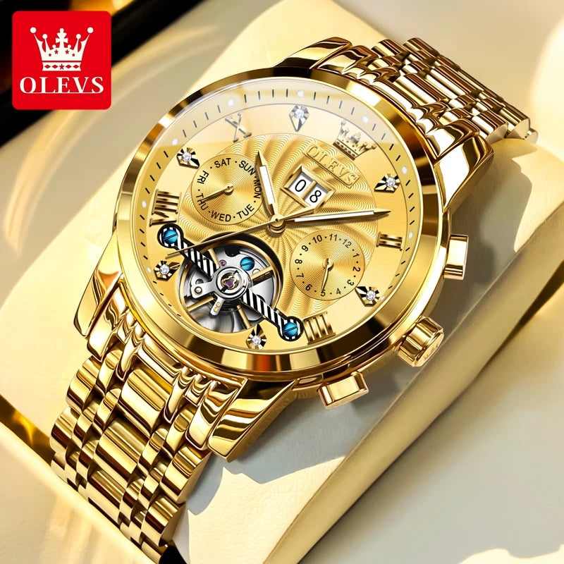 Montre homme OLEVS 9910, marque de luxe originale, étanche, lumineuse, automatique, mécanique, double calendrier, coffret.