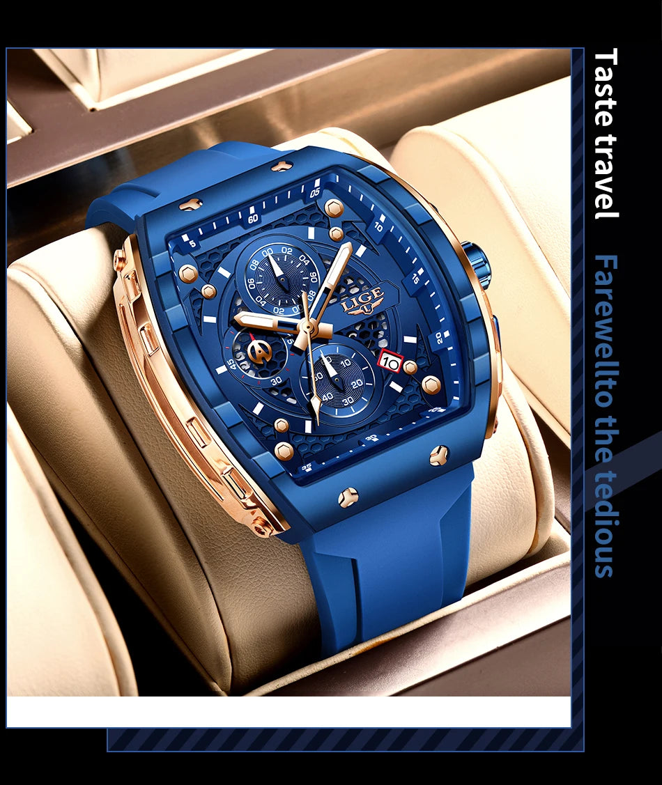 Relógio de Homem LIGE — Moda de Luxo, Impermeável, Bracelete em Silicone, Quartzo, Luminoso, Desportivo, Data Automática e Cronógrafo Simples