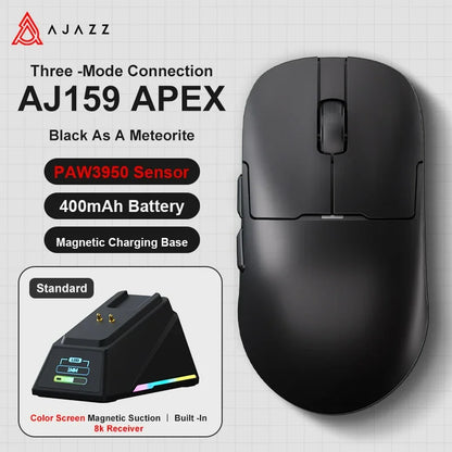 Mouse gaming Ajazz AJ159 PRO/APEX 8000Hz Rebound Rate Paw3950 con schermo a colori, supporto magnetico AJ159P per ufficio e gaming