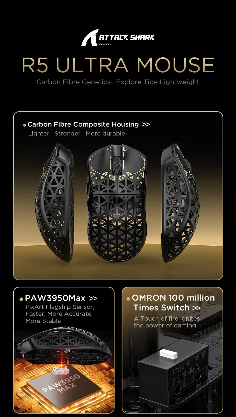 Rato Gaming Sem Fios ATTACK SHARK R5 Ultra Carbon Fiber, Sensor Gaming PixArt PAW3950MAX, 42000DPI, 8000Hz, MCU Nordic 52840