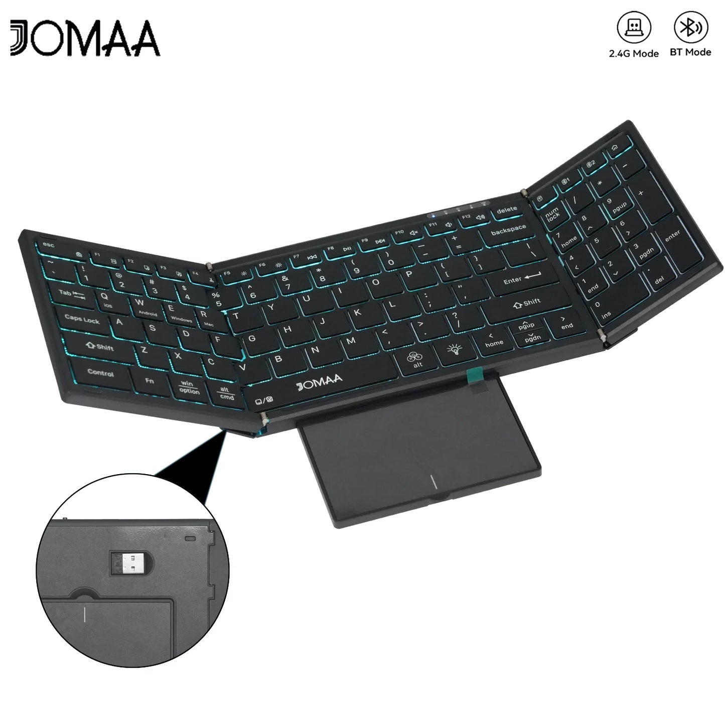 Teclado táctil inalámbrico Bluetooth de modo dual con retroiluminación RGB, 98 teclas, teclado de oficina plegable para PC/portátil/Mac - Negro