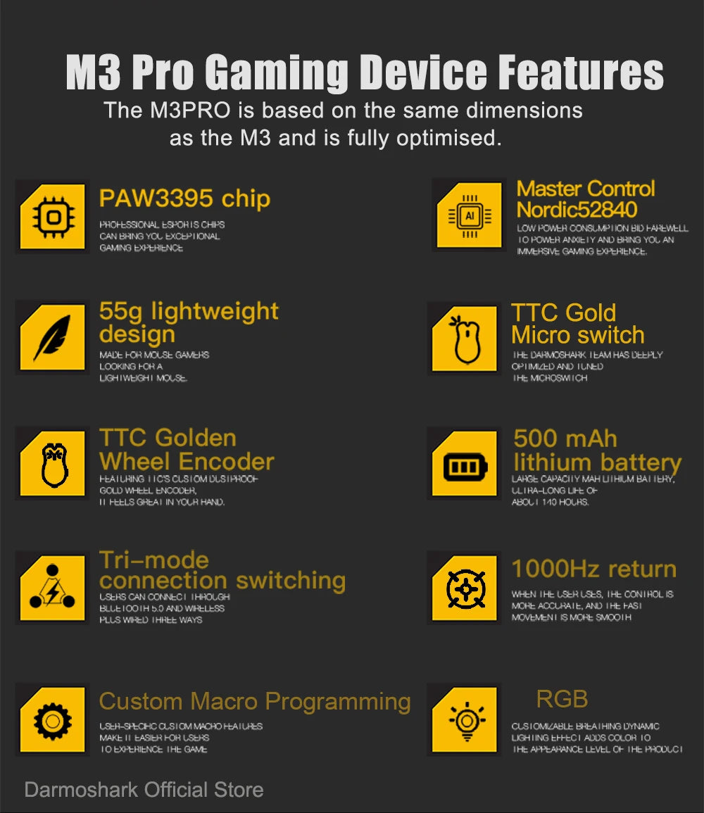 Mouse da gaming Darmoshark M3Pro 2.4G BT wireless tri-mode, sensore PAW3395, N52840, 26000DPI, mouse con driver macro per mani grandi per il gaming