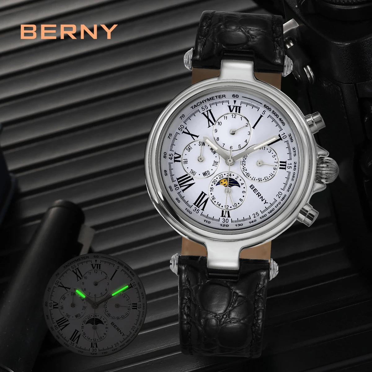 BERNY Classic Dress Automatic Watch for Men Luxury Stainless Steel Mechanical Wristwatch Leather Strap Waterproof Sliver Watches
