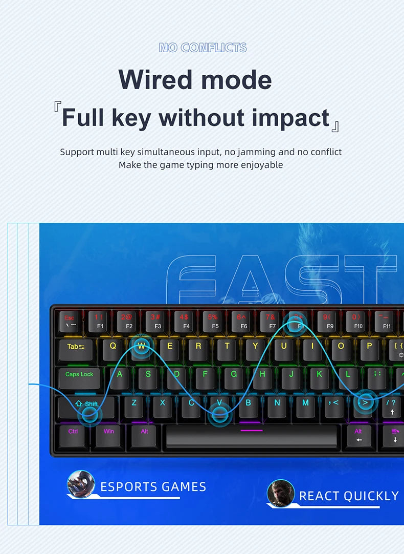 Teclado Mecânico Mini APAYADO K61, Com Fios, 61 Teclas, Phantom RGB, Switch Mecânico Vermelho/Azul Preto/Branco para Gaming, 60% Portátil