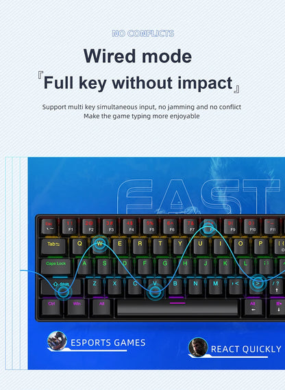 Teclado Mecânico Mini APAYADO K61, Com Fios, 61 Teclas, Phantom RGB, Switch Mecânico Vermelho/Azul Preto/Branco para Gaming, 60% Portátil