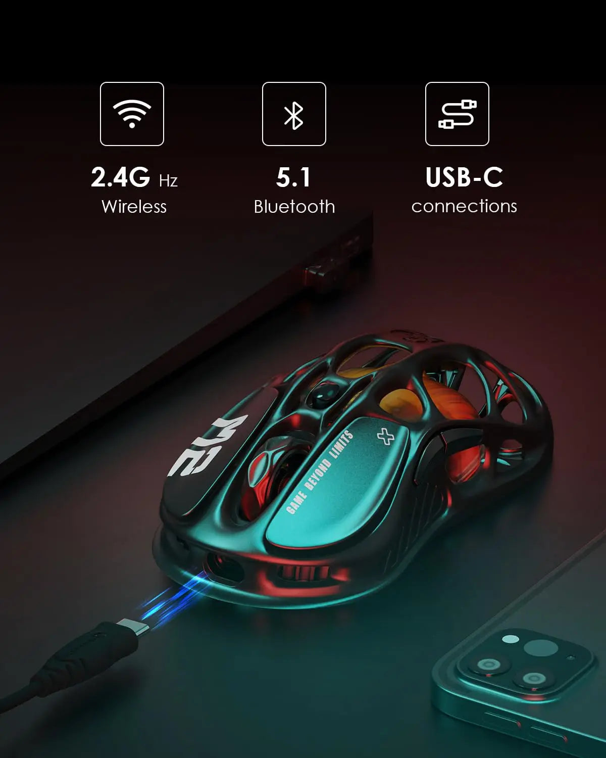 GravaStar Mercury M2 Wireless Gaming Mouse, Lightweight Hollowed-Out Design, 5 Programmable DPI, 26,000 DPI, PAW3395DM Sensor