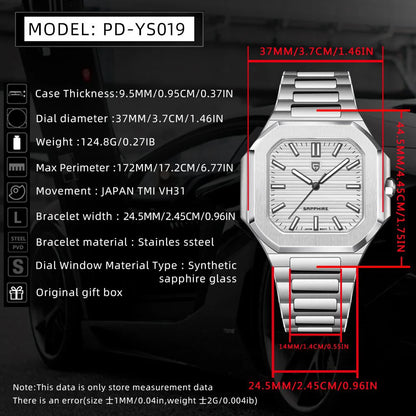 PAGANI DESIGN New V2 Orologio da uomo quadrato al quarzo, marchio di lusso premium, sportivo, impermeabile, in zaffiro e acciaio inossidabile