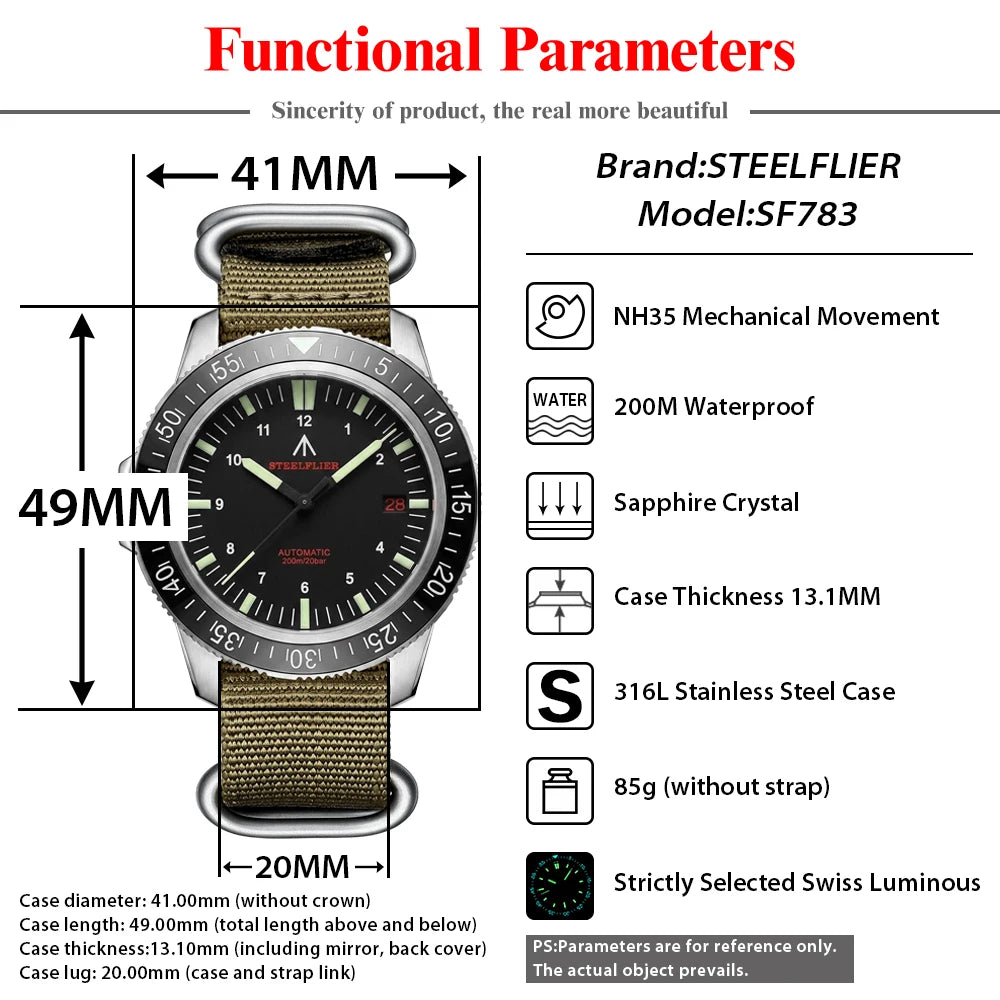 STEELFLIER Official SF783 NH35 Automatic Mechanical Watches Ceramic Bezel Super Luminous 20Bar Waterproof Luxury Dive Watch Men