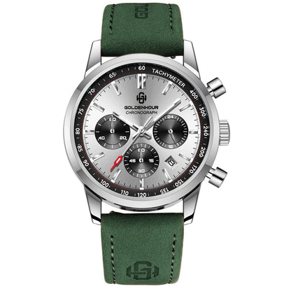 Montre de luxe pour homme GOLDENHOUR – Chronographe à quartz, cadran vert, bracelet en cuir, étanche, luminescente, style militaire et sportif