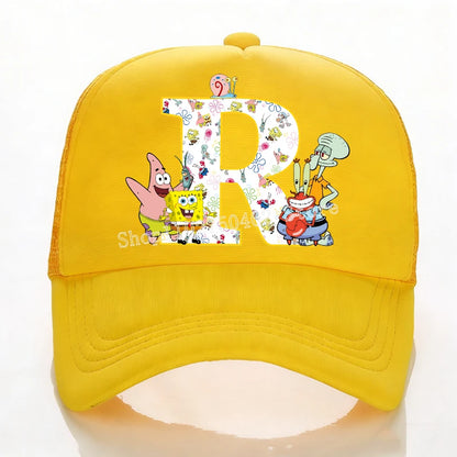 SpongeBobs Baseball Cap Kids Adult Summer Outdoor Sports Sun Hat Child Cute Letter A-Z Sunbonnet Breathable Mesh Headgear Gift