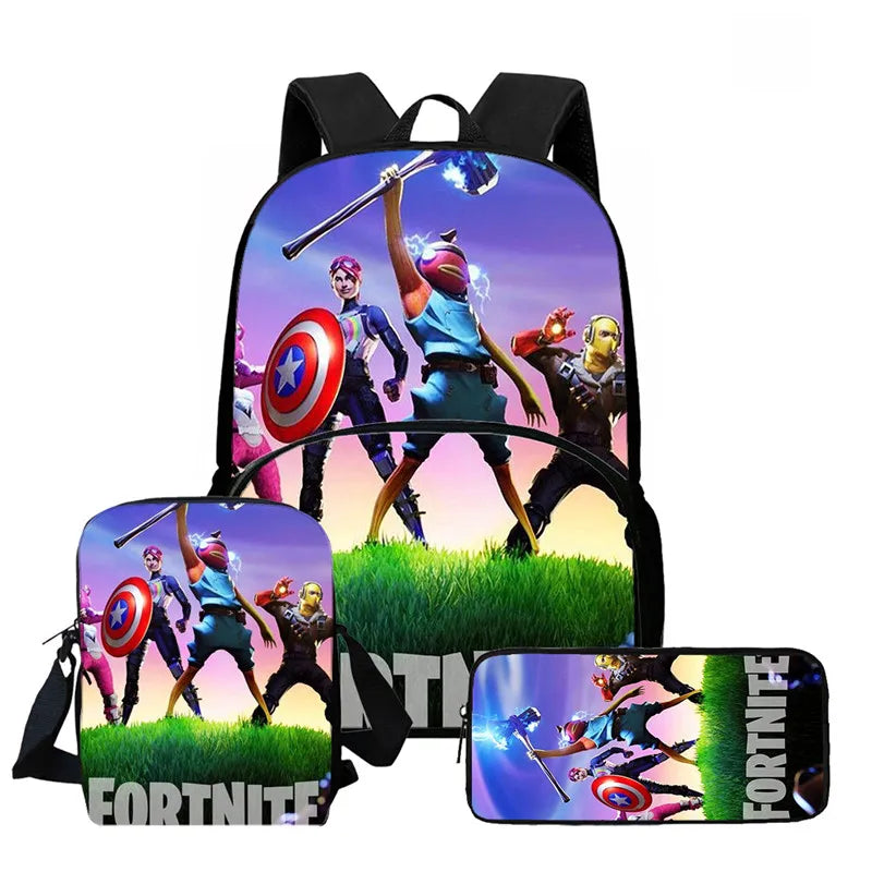 Fortnite Cartoon 3Pcs Backpack Set Unisex for Boys Girls, Backpack with Front Pocket, Crossbody Bag & Pencil Case, Best Gift