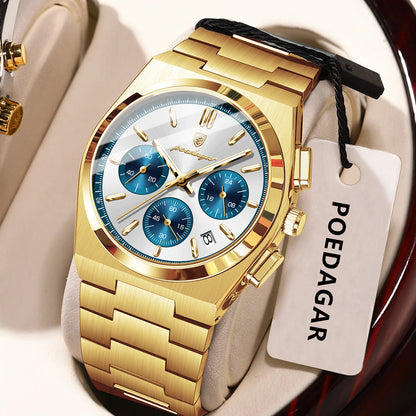 Pánské hodinky POEDAGAR – luxusní chronograf z nerezové oceli, s datem, vodotěsné a s luminiscenčními prvky – sportovní náramkové hodinky s quartzovým strojkem