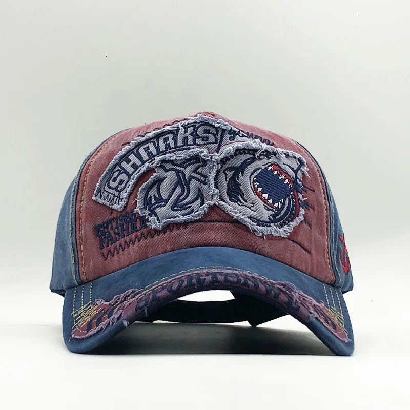 Trendy Shark Pattern Washed Baseball Cap for Men Women, Outdoor Fishing Sun Hat, Unisex Vintage Hip Hop Flat Brim Caps