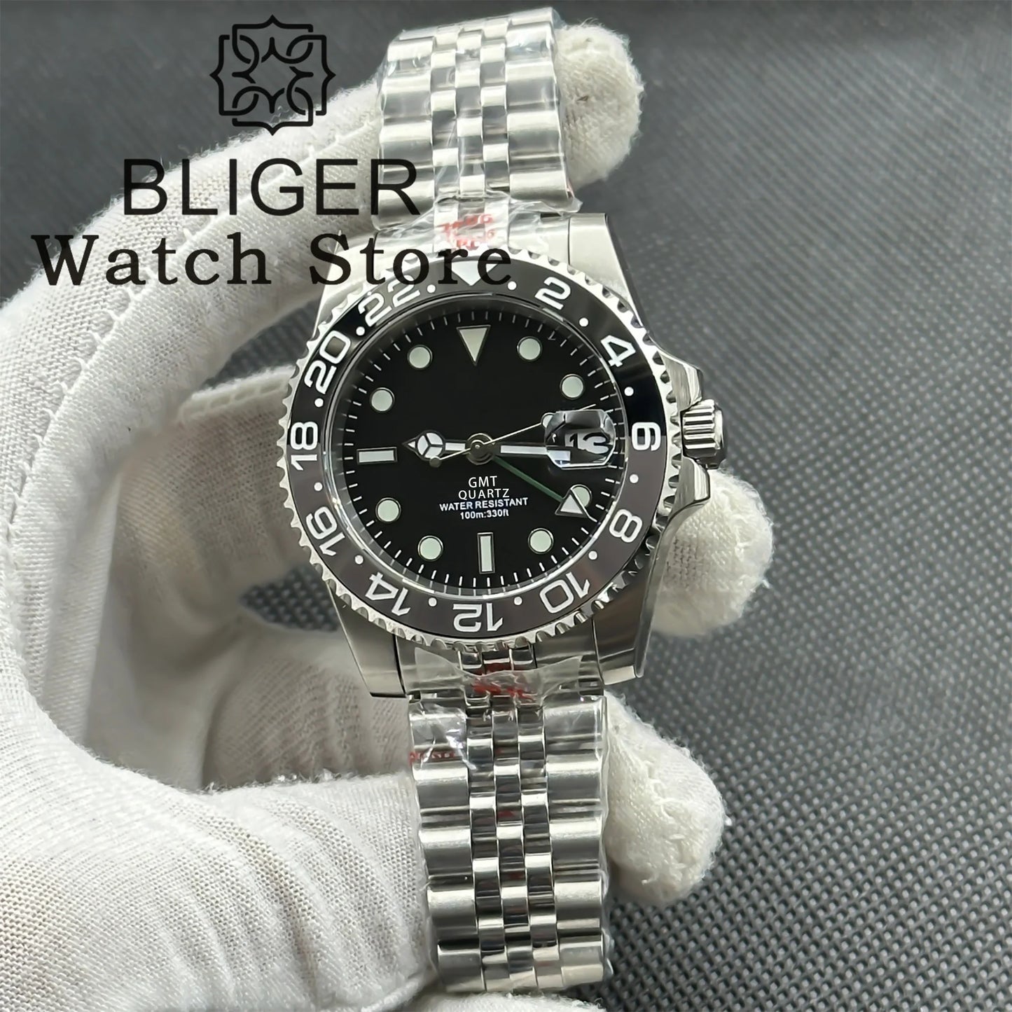 BLIGER 40mm 515 24H GMT Men's Watch Stainless Steel Clasp Luminous Quartz Movement Ceramic Bezel Sapphire Glass 10Bar Waterproof
